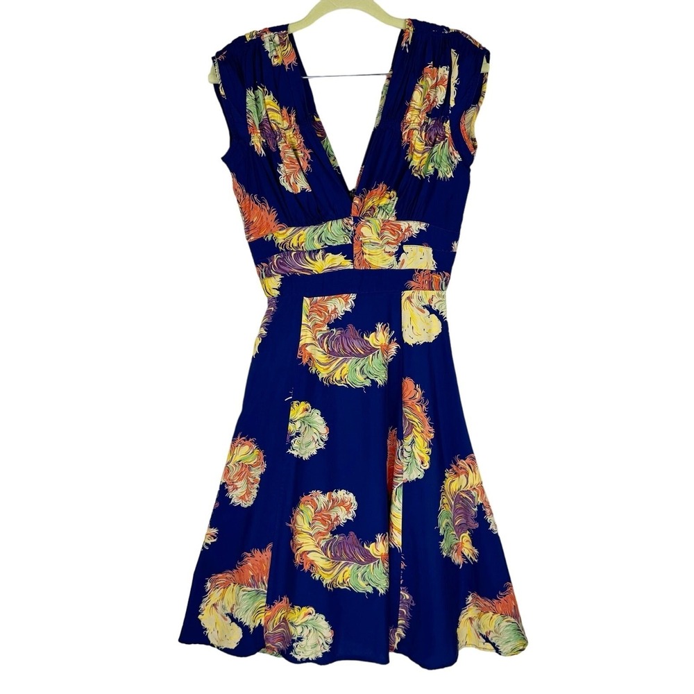Trashy Diva Candice Gwinn 1940s Dress 4 Blue Feather Print‎ V-Neck Retro Pinup